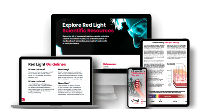 A computer, tablet, and smartphone displaying red light therapy guidelines and scientific resources.