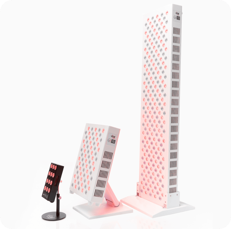 Three different sizes of LED red light therapy panels are displayed side by side on a white background, inviting customers to explore their options and discover more through the affiliate login.