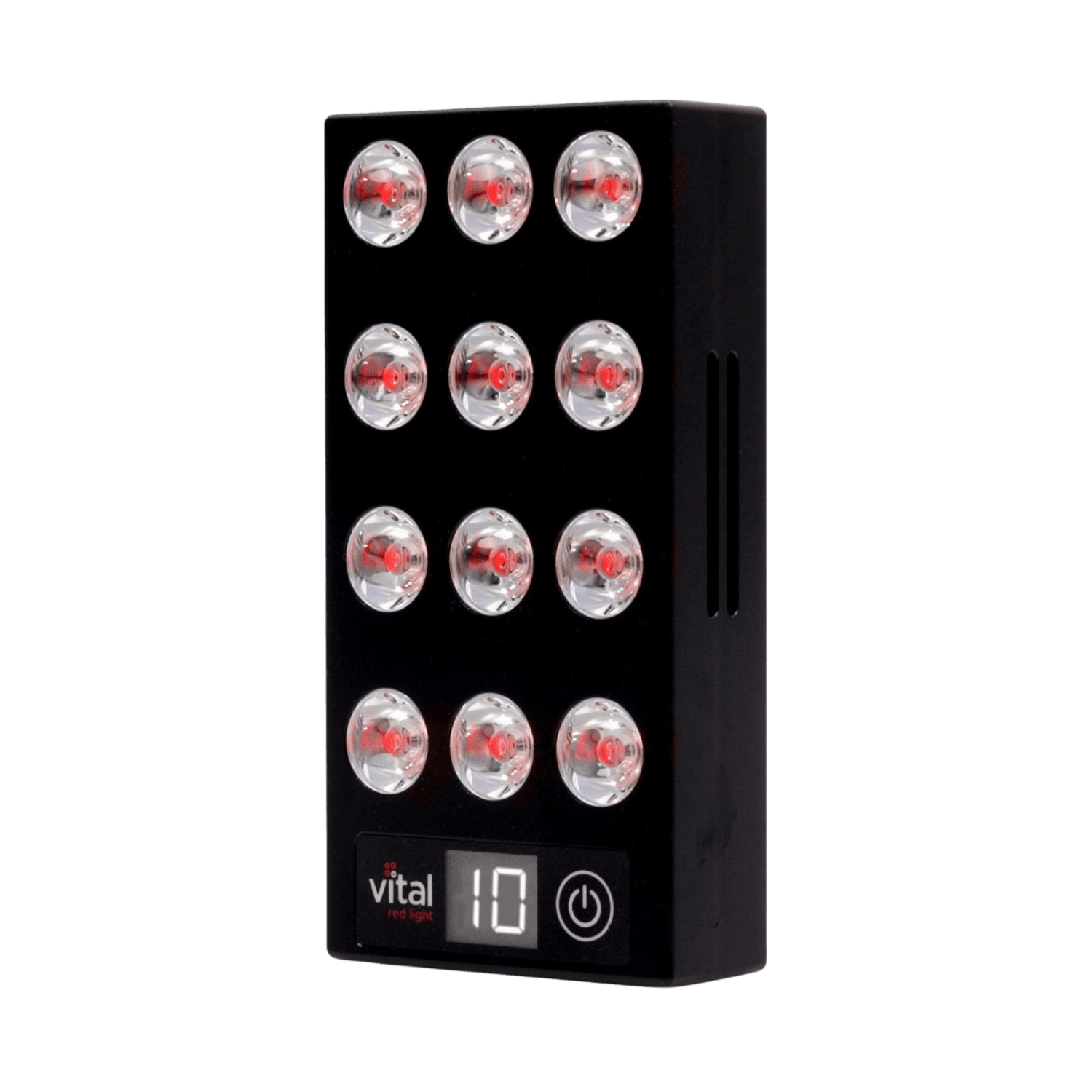 A rectangular device with 12 circular LED lights and a digital display showing the number 10, designed for at-home rejuvenation. The "Vital Elite" power button is conveniently located beneath the display, making this red light therapy device an essential addition to any home set-up.