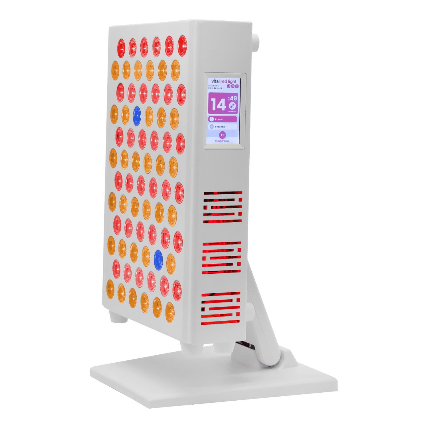 A white electronic device from the Vital 2.0 Line showcases colorful circular patterns, with a screen displaying readings of 14°C and 48%. The device is elegantly mounted on an angled stand.