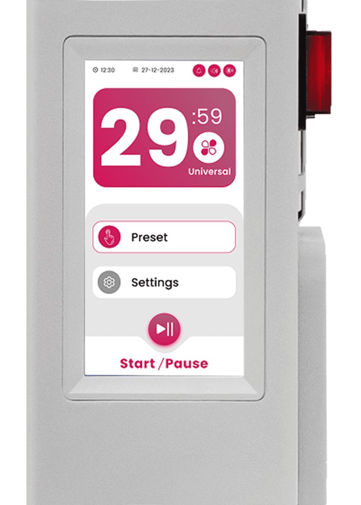 Close-up of the Vital Pro control panel display, featuring a timer set to 29 minutes and 59 seconds. It has options for "Preset," "Settings," and "Start/Pause." Date: 27-12-2023, Time: 12:30. Stay tuned for an exciting product update with Vital Pro 2.0 insights!.