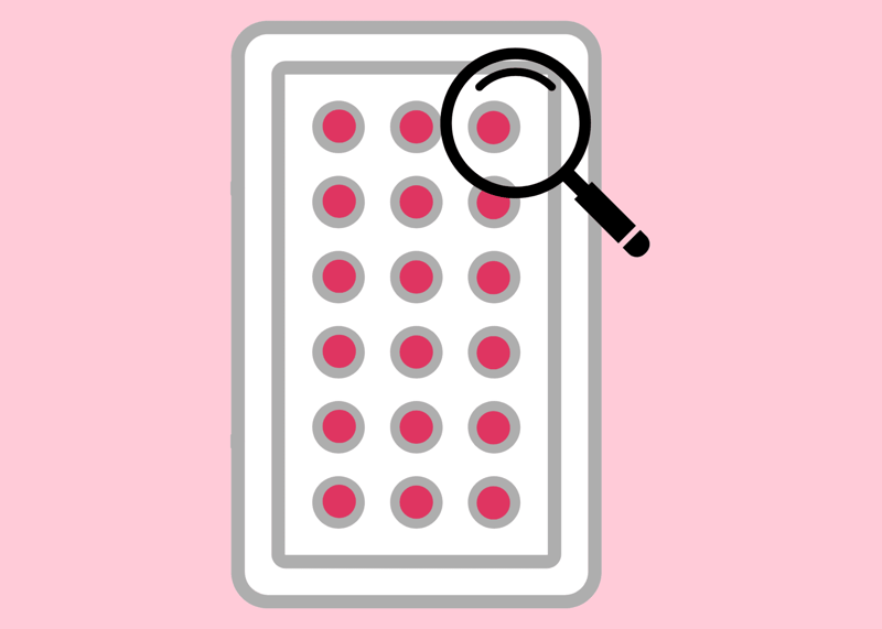 A cartoon illustration of a pill blister pack with a magnifying glass over one pill, set against a pink background.