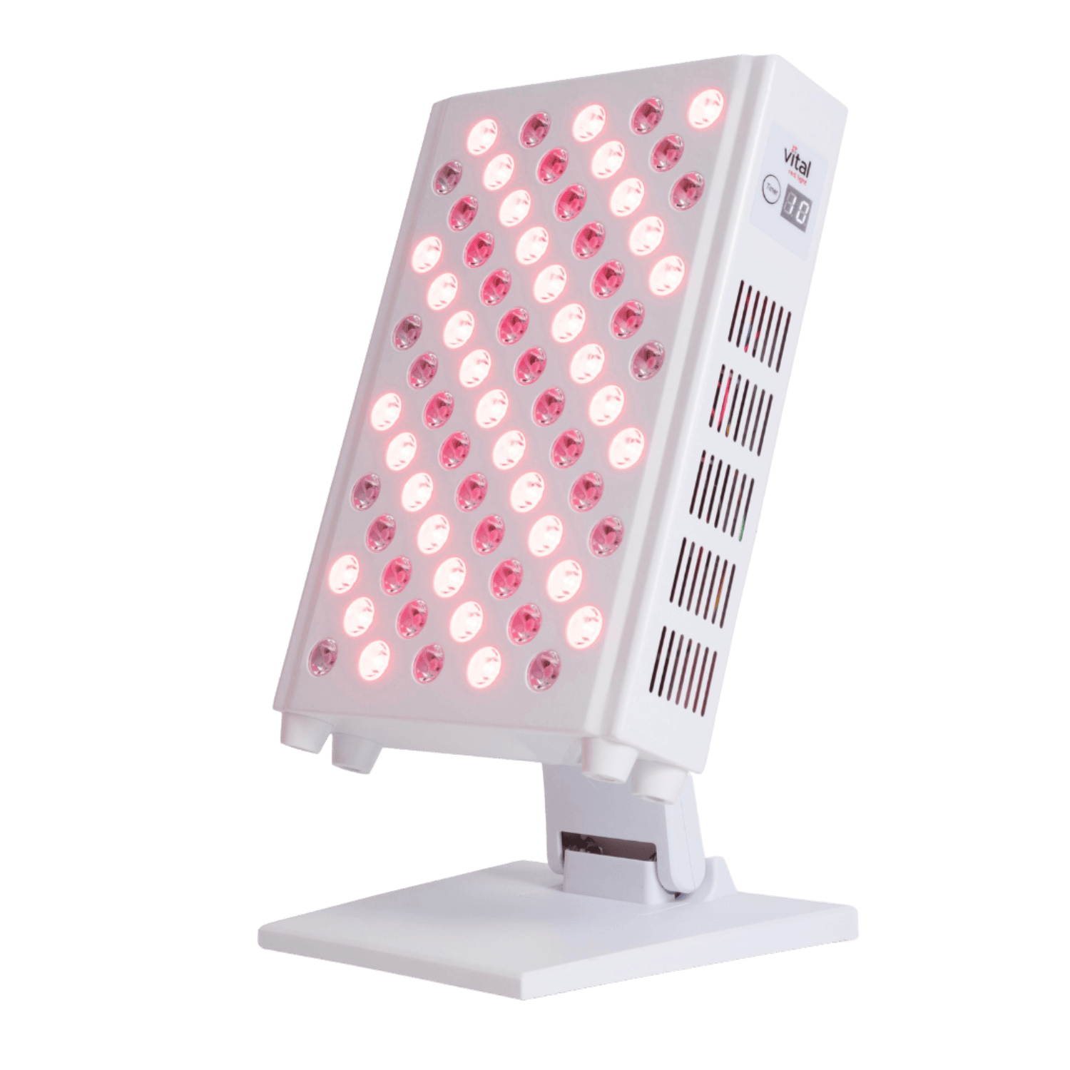 A white LED light therapy panel with multiple circular light bulbs, set on a stand, illuminated and slightly tilted—ideal for red light therapy devices for home use or even a chic addition to any professional shop.