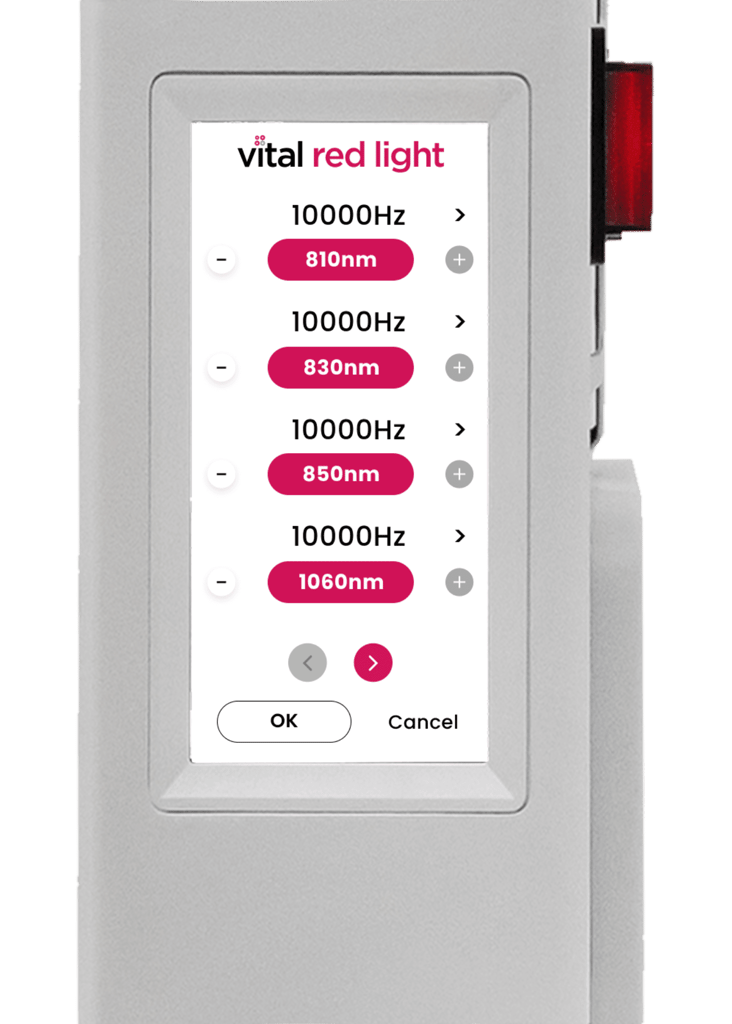 The Vital Pro 2.0 device features a display for setting "vital red light" frequencies, offering options at 810nm, 830nm, 850nm, and 1060nm, all operating at 10000Hz. With OK and Cancel buttons, this professional fitness equipment ensures precision in your wellness regimen.