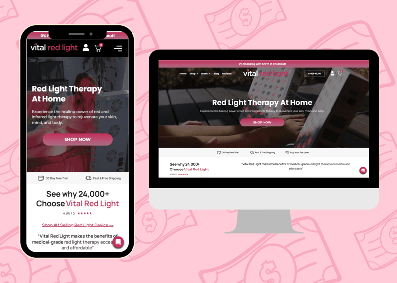 Mobile phone and computer monitor displaying a website homepage for red light therapy products. The site promotes therapeutic benefits and easy access to devices with options to shop.