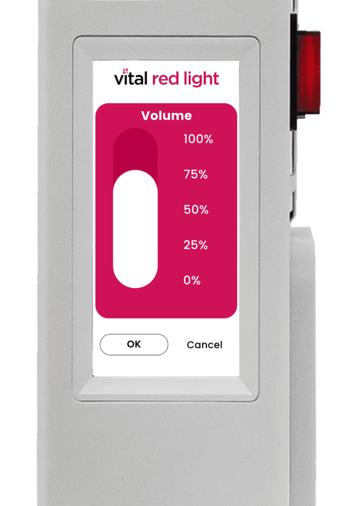 The Vital Pro 2.0 features a sleek digital display showcasing volume levels from 0% to 100%, with convenient "OK" and "Cancel" options, ensuring user-friendly navigation.