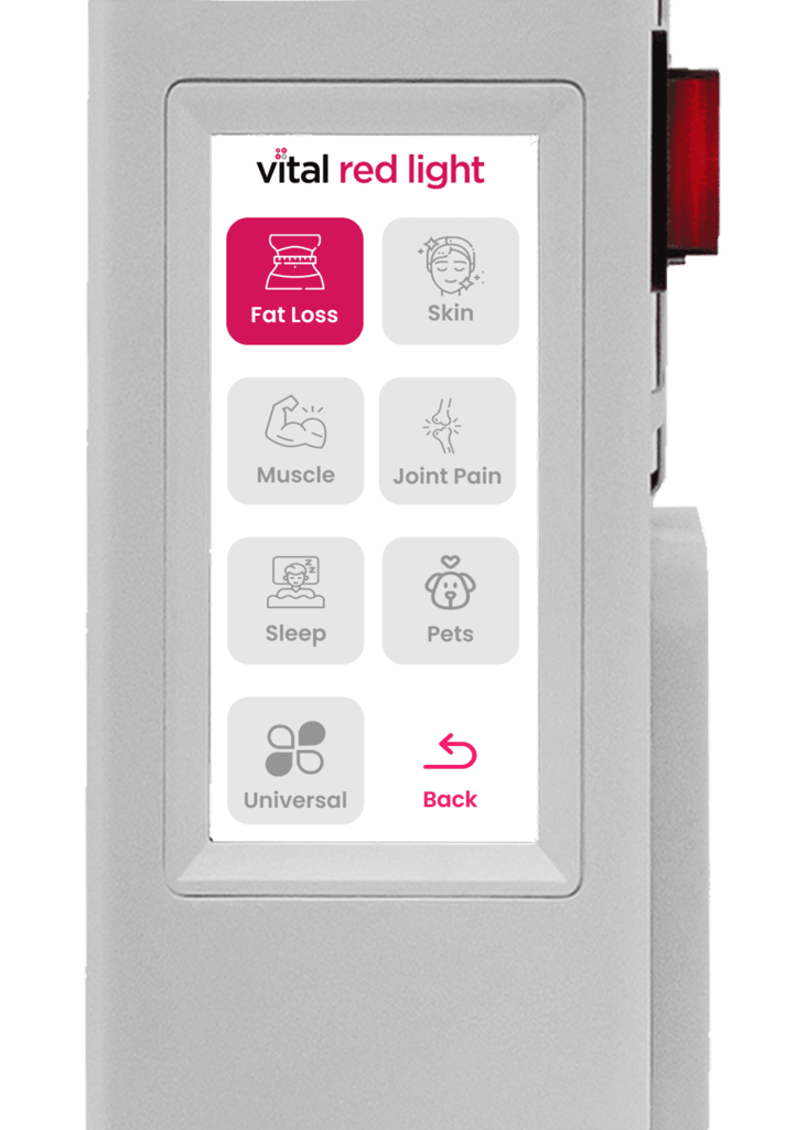 Close-up of a Vital Pro 2.0 device showcasing a screen with options: Fat Loss, Skin, Muscle, Joint Pain, Sleep, Pets, Universal. The "Fat Loss" option is highlighted.