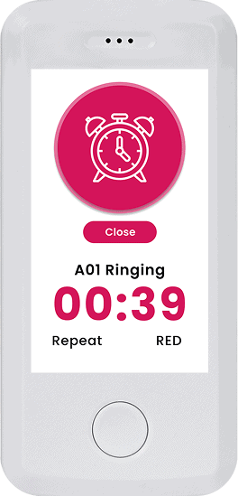 A phone screen displays an alarm clock icon with the text "A01 Ringing, 00:39, Repeat, RED," featuring the sleek design of the Vital Pro 2.0. A "Close" button offers a simple way to silence the alarm.