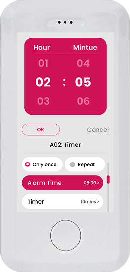 A Vital Pro 2.0 smartphone screen showcases a timer app set for 2 hours and 5 minutes, featuring options like "Only once," "Repeat," and "Alarm Time" for enhanced productivity.