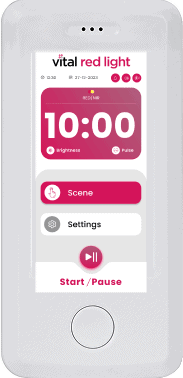 A device screen displaying a timer set to 10:00, integrated with smart home technology, features buttons for brightness, pulse, scene, and settings. The "Start/Pause" button is prominently visible at the bottom, enhancing its remote control functionality.