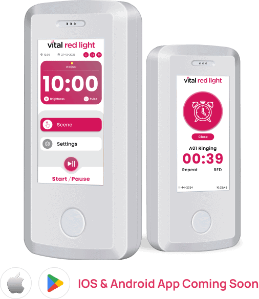 Two white electronic devices showcase screens with pink and white interfaces featuring timer and control options. Text below hints at a product upgrade: Vital Pro 2.0, with an iOS and Android app coming soon.