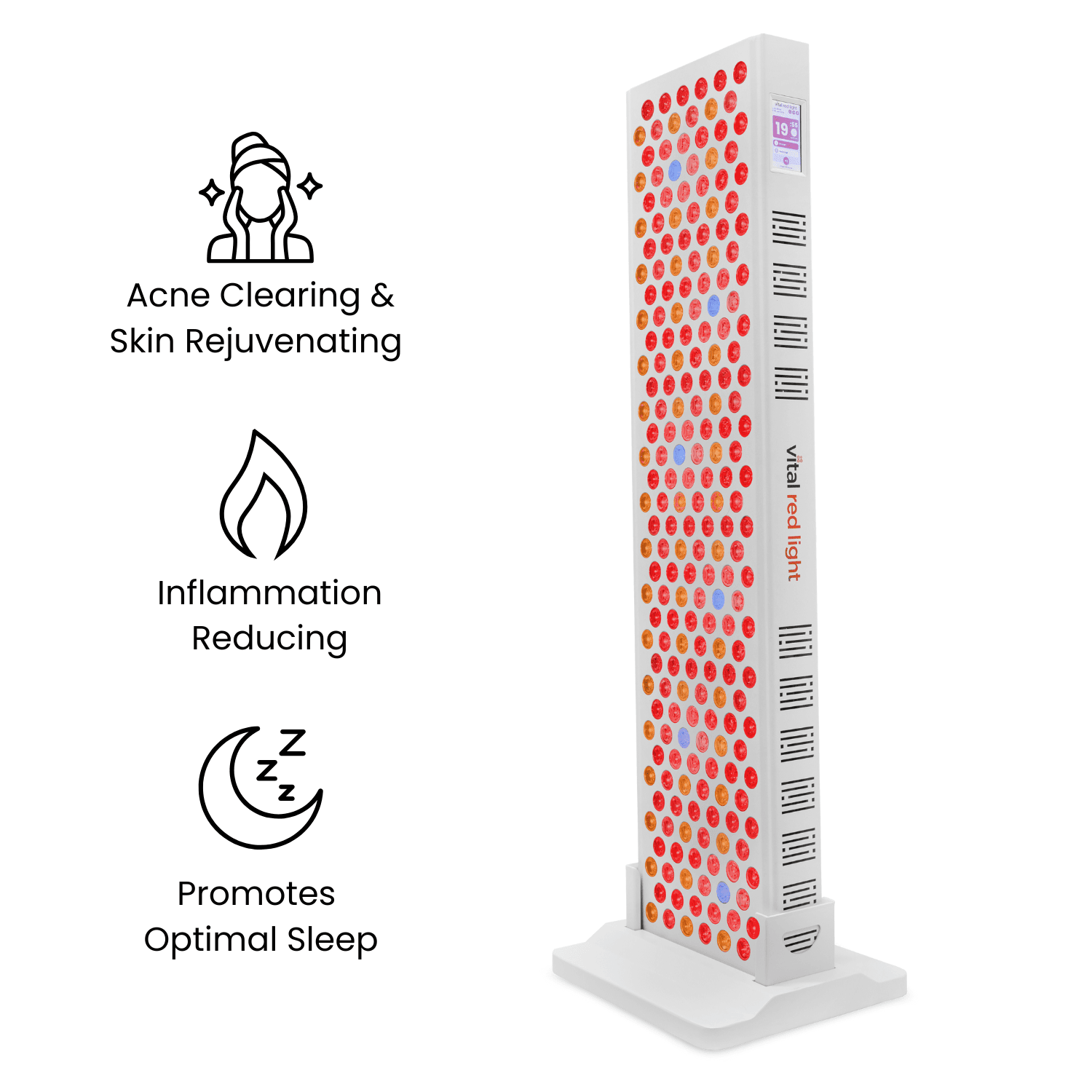 Tall red light therapy panel with text: "Acne Clearing & Skin Rejuvenating," "Inflammation Reducing," "Promotes Optimal Sleep.
