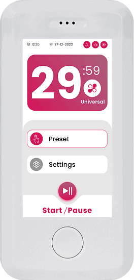The Vital Pro 2.0 digital timer device displays 29:59, featuring options for "Preset," "Settings," and a red "Start/Pause" button on its screen. The date is set to 27-12-2023, making it a perfect tool for precise time management tasks.