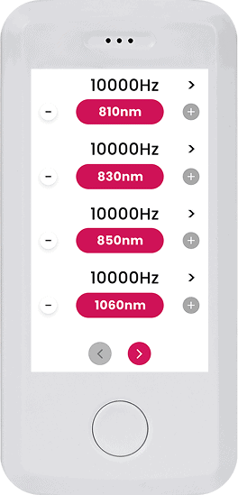 The Vital Pro 2.0 display features four frequency and wavelength settings: 10000Hz with options of 810nm, 830nm, 850nm, and 1060nm. Easily adjust using the plus and minus buttons for precise tuning. Ideal for detailed configurations in any application requiring specific frequencies.