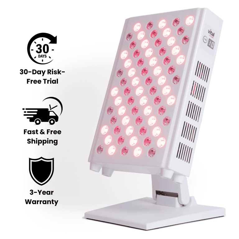 LED light therapy device on a stand with illuminated red and infrared lights. Text reads: "30-Day Risk-Free Trial," "Fast & Free Shipping," "3-Year Warranty.