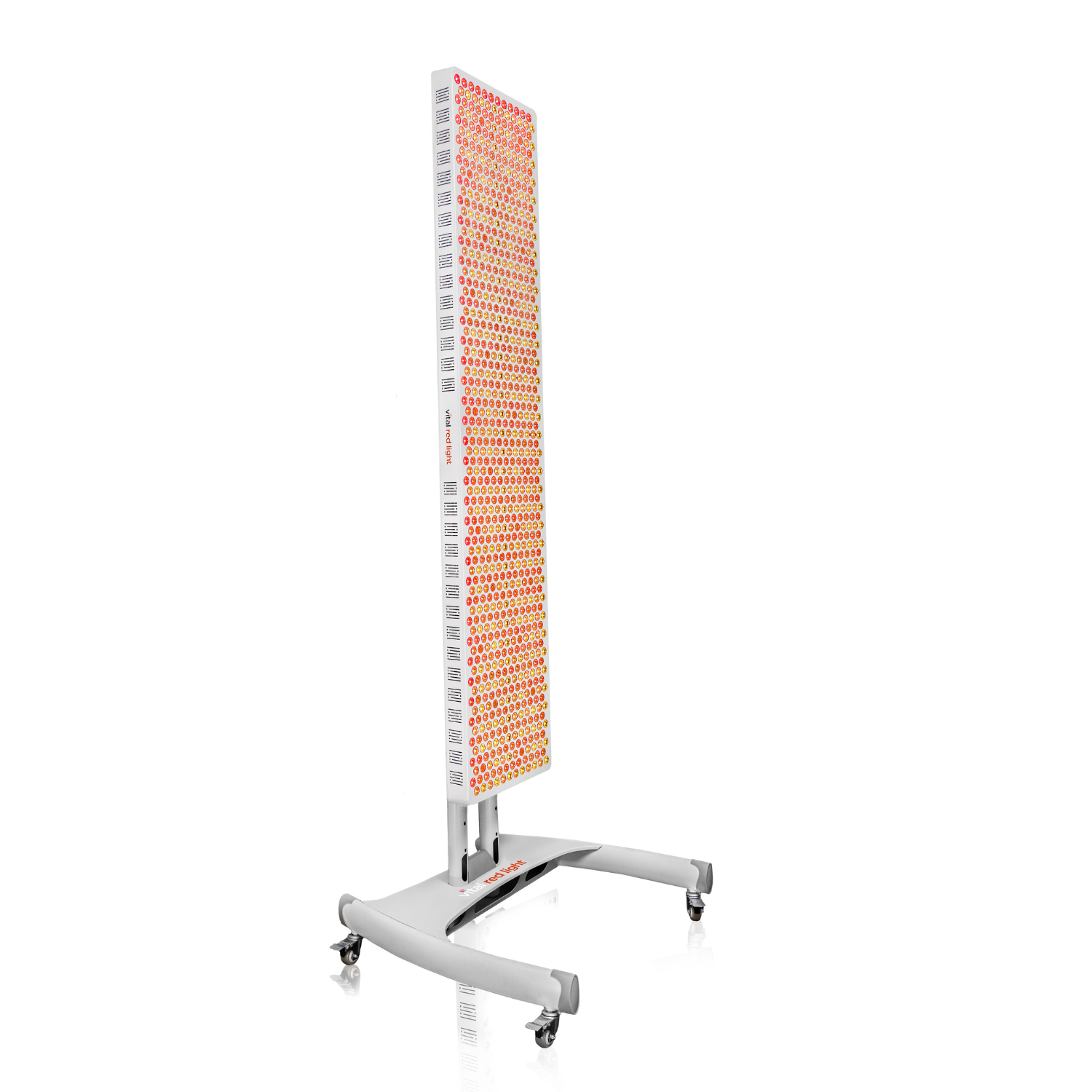 Vital Red LIght. Red Light Therapy. A tall, rectangular red light therapy panel on a wheeled, white metal base, shown against a white background.