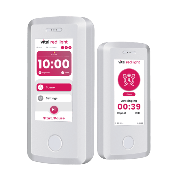 Vital Red LIght. Red Light Therapy. Two white handheld devices with screens displaying timer and alarm interfaces for a product called "vital red light.