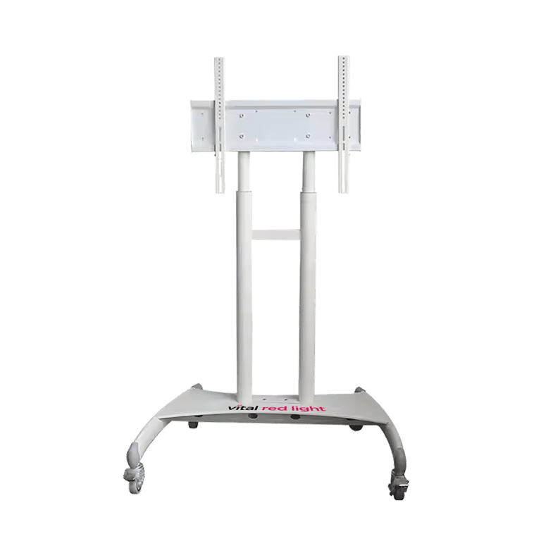 Vital Red LIght. Red Light Therapy. A mobile white metal stand with four wheels and adjustable mounting brackets, labeled "vital red light" at the base, designed by Vital Commercial Systems.