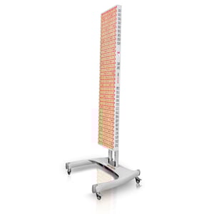 Vital Red LIght. Red Light Therapy. A tall, rectangular LED light therapy panel on a wheeled stand, emitting red and near-infrared light.
