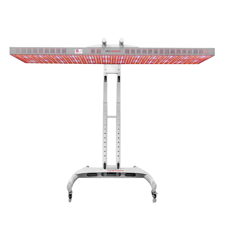 Vital Red LIght. Red Light Therapy. A large, adjustable LED red light therapy panel on a wheeled stand, emitting red and near-infrared light, viewed from the front.