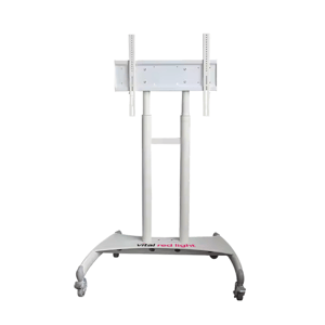 Vital Red LIght. Red Light Therapy. A white wheeled metal stand with adjustable vertical supports and a rectangular mounting bracket, labeled "vital red light" at the base.