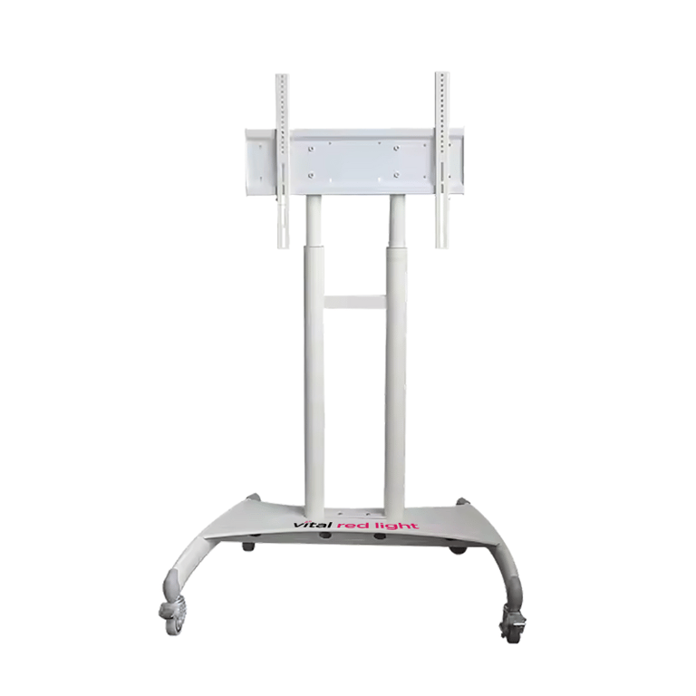 Vital Red LIght. Red Light Therapy. A white wheeled metal stand with adjustable vertical supports and a rectangular mounting bracket, labeled "vital red light" at the base.
