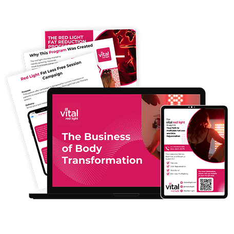 Vital Red LIght. Red Light Therapy. A laptop, tablet, and smartphone display “Vital Red Light: The Business of Body Transformation” materials, alongside printed marketing documents and program flyers.