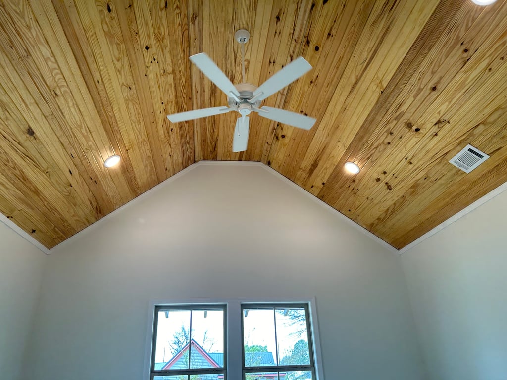 Modern exposed cedar ceiling.