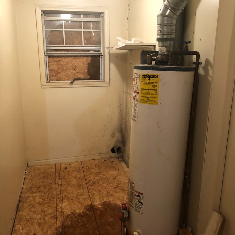 Interior gut — removing old drywall and flooring.