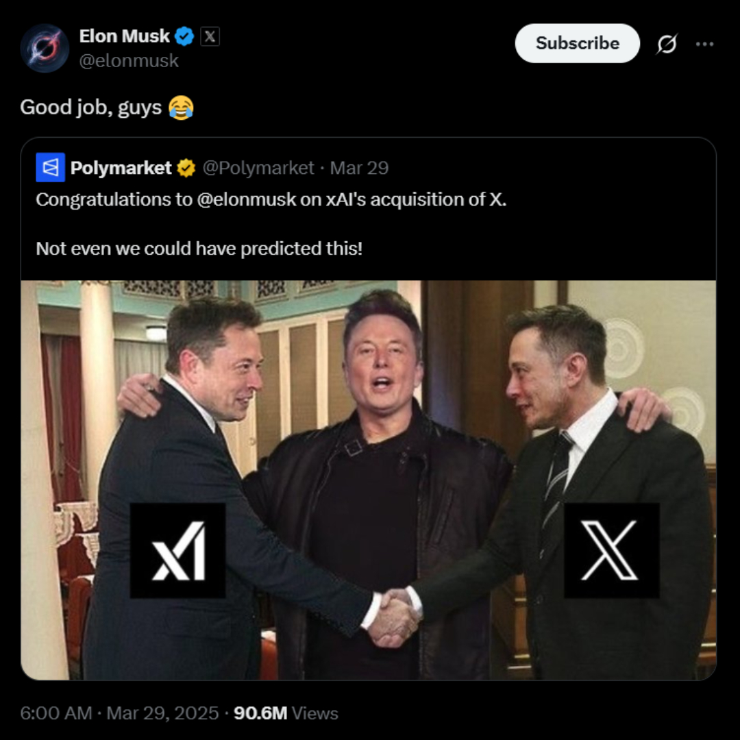 TechDogs-"A Meme Commenting On The X-xAI Deal Re-shared By Elon Musk"