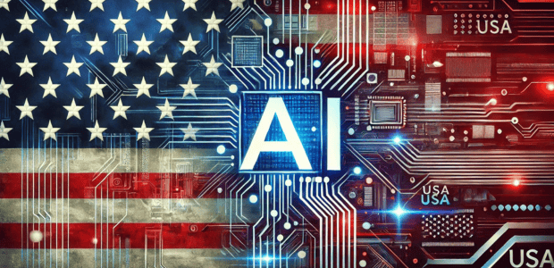 TechDogs-"A Stylized Image Depicting The American Flag Merged With A Digital Circuit Board And The Letters 'AI' In The Center"