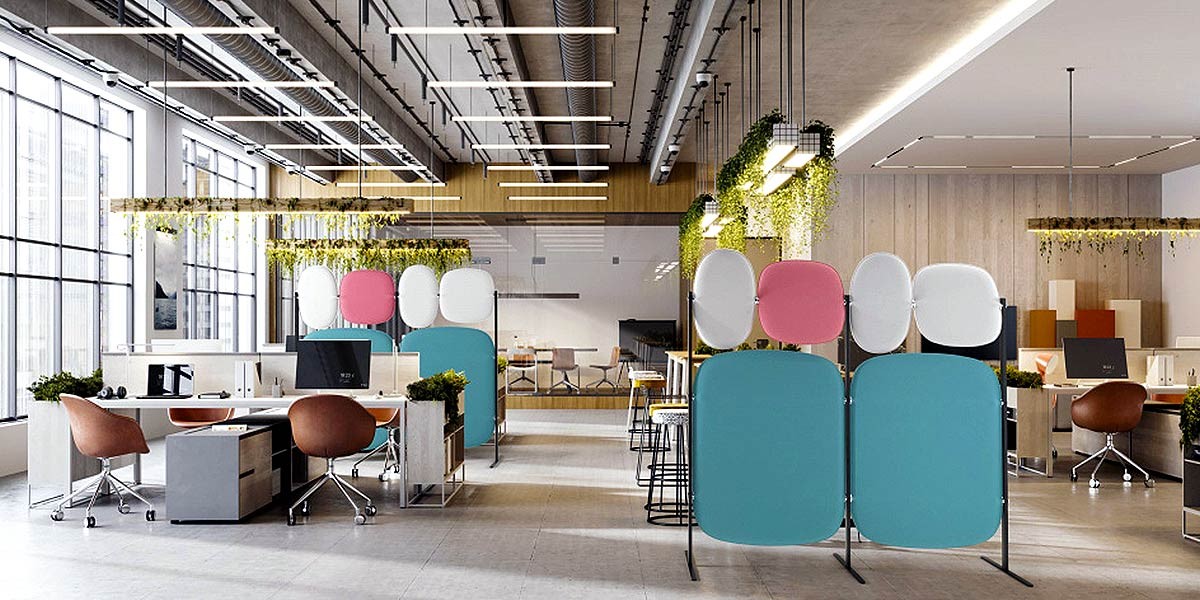 TechDogs-"Biophilic And Resimercial Design Influences"-"Image Of Open-plan Office Featuring Colorful Panel Dividers, Modern Desks, Ergonomic Chairs, And Hanging Plants"