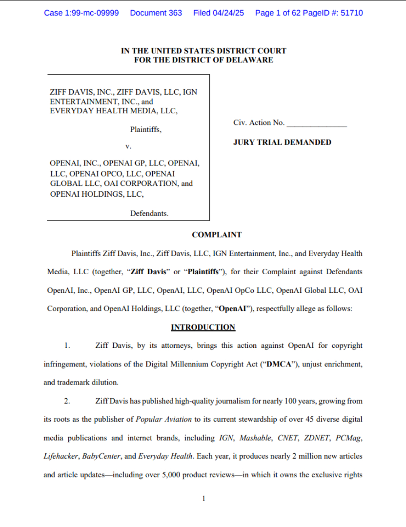 TechDogs-"First Page Complaint File Copy Of Ziff Davis’ Copyright Complaint Against OpenAI Over Alleged DMCA And Trademark Violations"