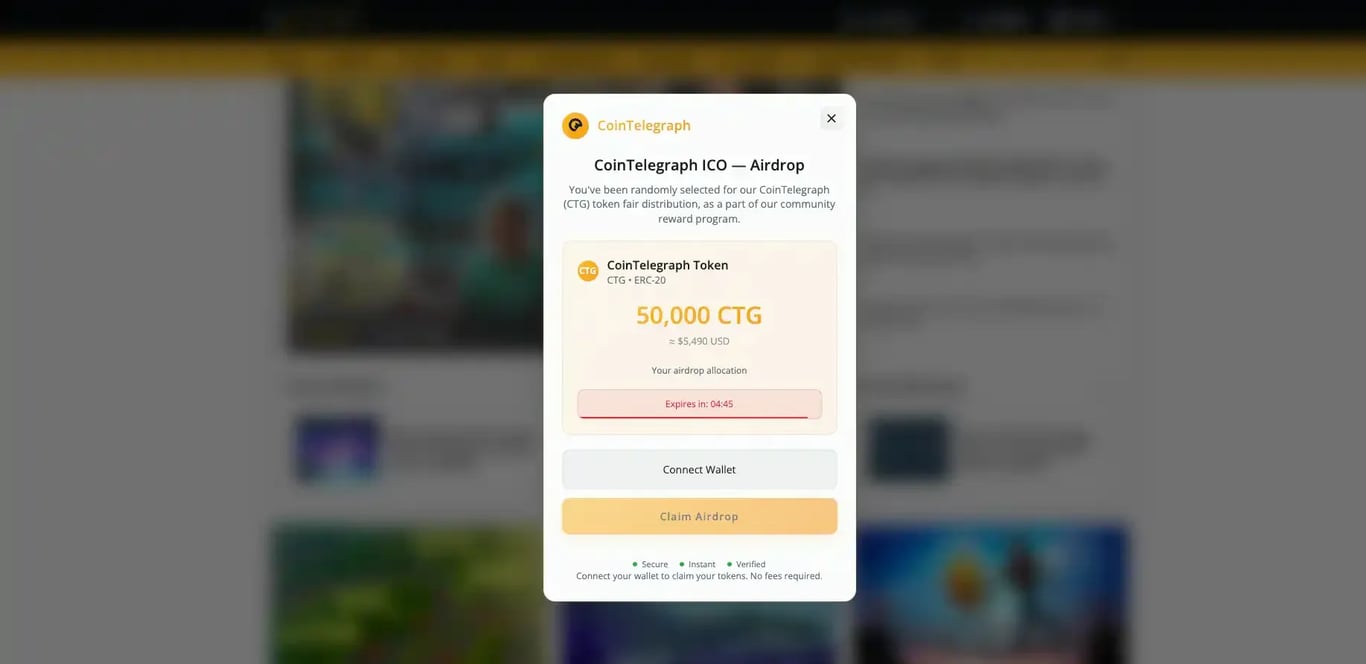 TechDogs-"Fake CoinTelegraph Airdrop Pop-Up Offering 50,000 CTG Tokens With Wallet Connect Prompt"