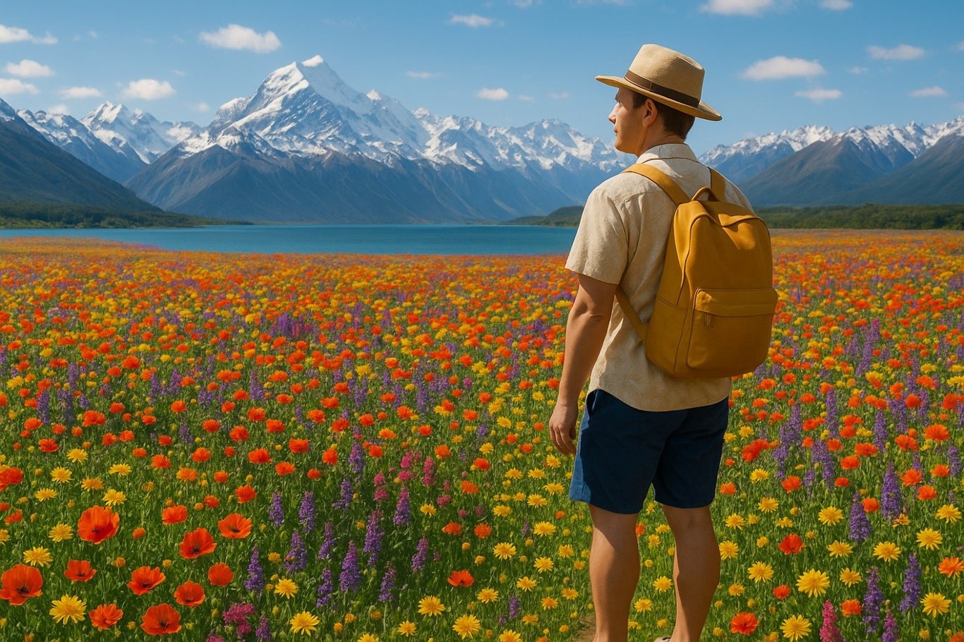 TechDogs-"An Image Of A Person On Holiday In A Field With Snow-Capped Mountains Touching A Clean And Clear Lake In The Distance, Edited By ChatGPT"