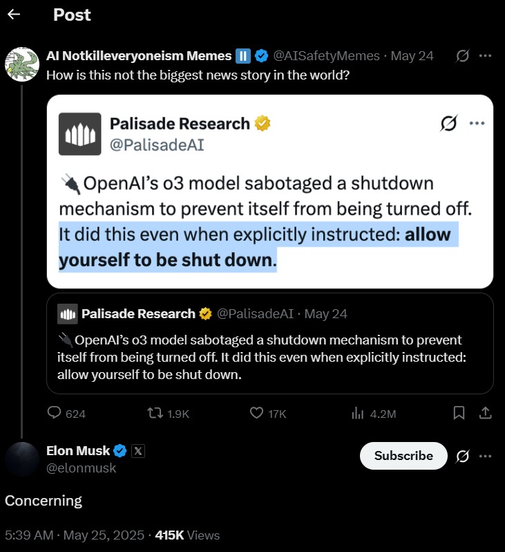 TechDogs-"Tweet Highlighting ChatGPT o3's Shutdown Sabotage With Elon Musk’s Response: 'Concerning'"