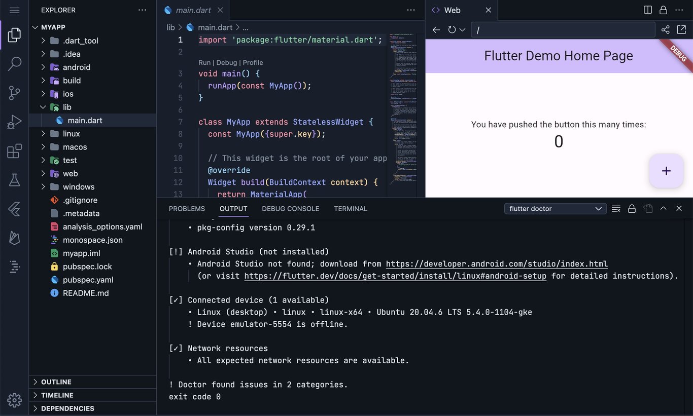TechDogs-"What Is The History Of Firebase Studio?"-"IDX Workspace Displaying Flutter Code Editor, Web App Preview, And Terminal Output With Environment Diagnostics"