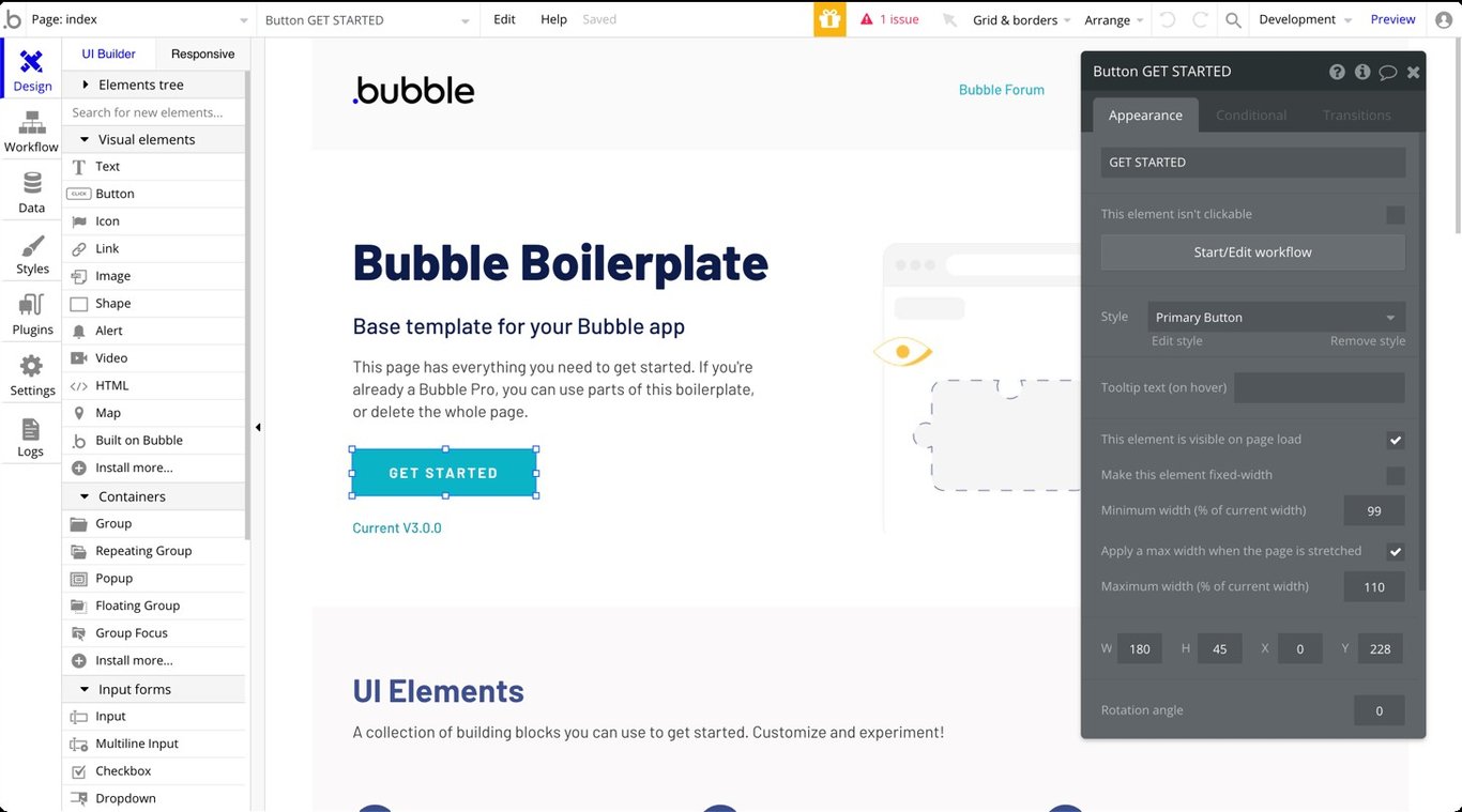 TechDogs-"Bubble"-"Bubble UI Builder Interface With Button Customization Panel and Visual Elements Sidebar"