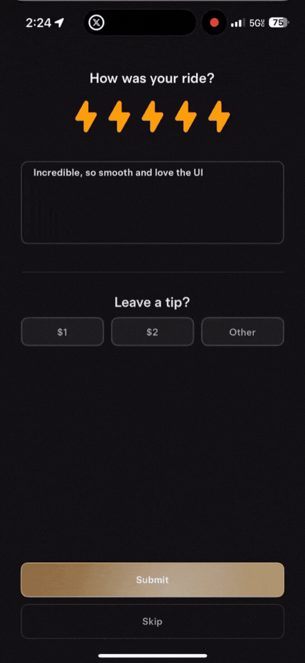 TechDogs-"A GIF Of The "Leave A Tip" Page On The Tesla Robotaxi App"