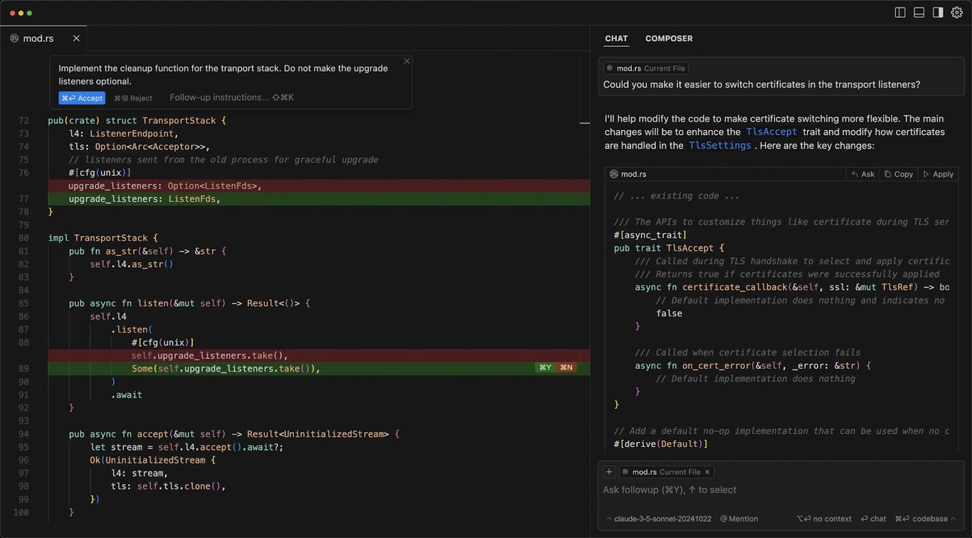 TechDogs-"What Is Cursor AI?"-"Cursor AI Interface Showing Side-By-Side Coding View With Highlighted Diffs, AI-Generated Code Suggestions In Composer Panel, And Code Preview Request On Top"