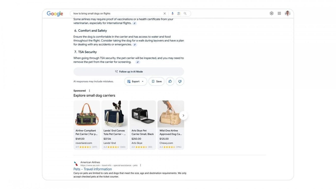 TechDogs-"Google Wants You To Love Ads In AI Search"-"Google AI Overview Showing Sponsored Product Ads For Small Dog Carriers Below Travel Advice"