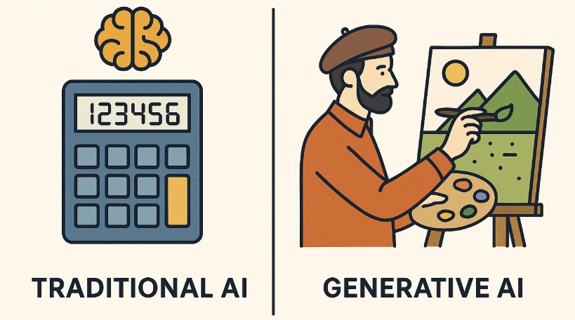 TechDogs-"Illustration Comparing Traditional AI As Calculator And Generative AI As Artist"