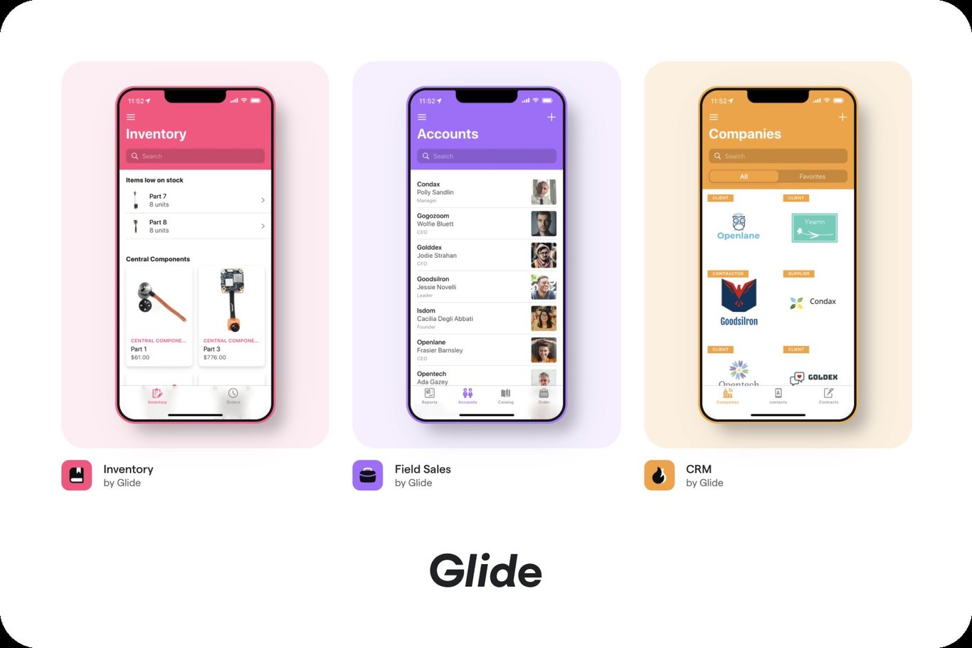 TechDogs-"Glide"-"Three Smartphone Screens Showcasing Inventory, Accounts, and CRM Apps Built Using Glide"