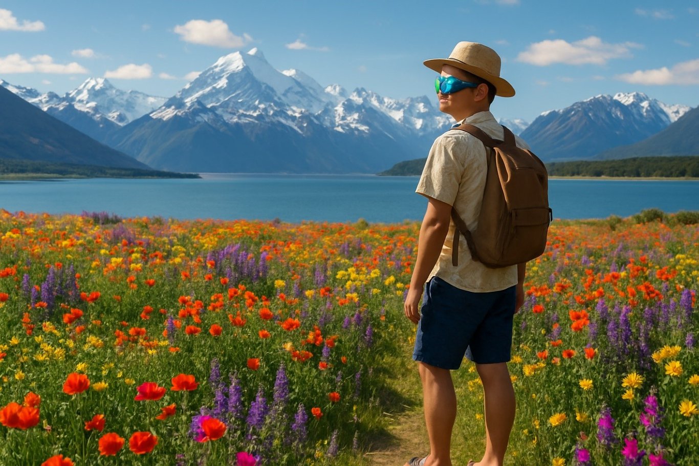 TechDogs-"Test 2: A Creative, Colorful, And Photorealistic Continuum"-"An Image Of A Person On Holiday In A Field With Snow-Capped Mountains Touching A Clean And Clear Lake In The Distance, Generated By ChatGPT"