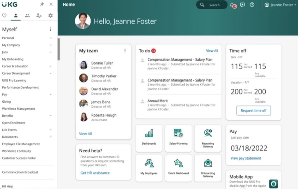 TechDogs-"Tool 1: UKG Pro"-"A Screenshot Of The Dashboard Of UKG Pro"