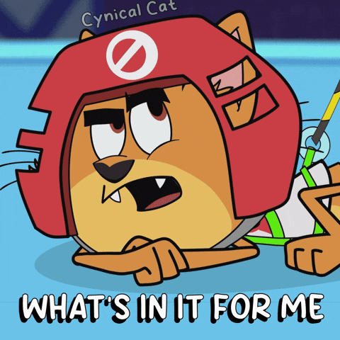 TechDogs-"Benefits Of Adopting HR Software In 2025"-"A Gif Of An Animated Cat Wearing A Red Helmet, With The Text What's In It For Me?"