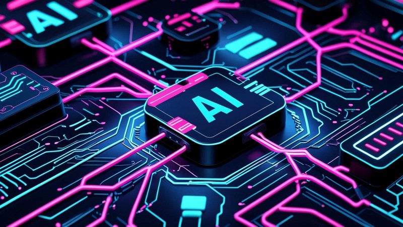 TechDogs-"Evolving Trends In Edge AI"-"An Image Showing Neon-Style Circuits Connecting Multiple Devices With "AI" Nodes On Each"