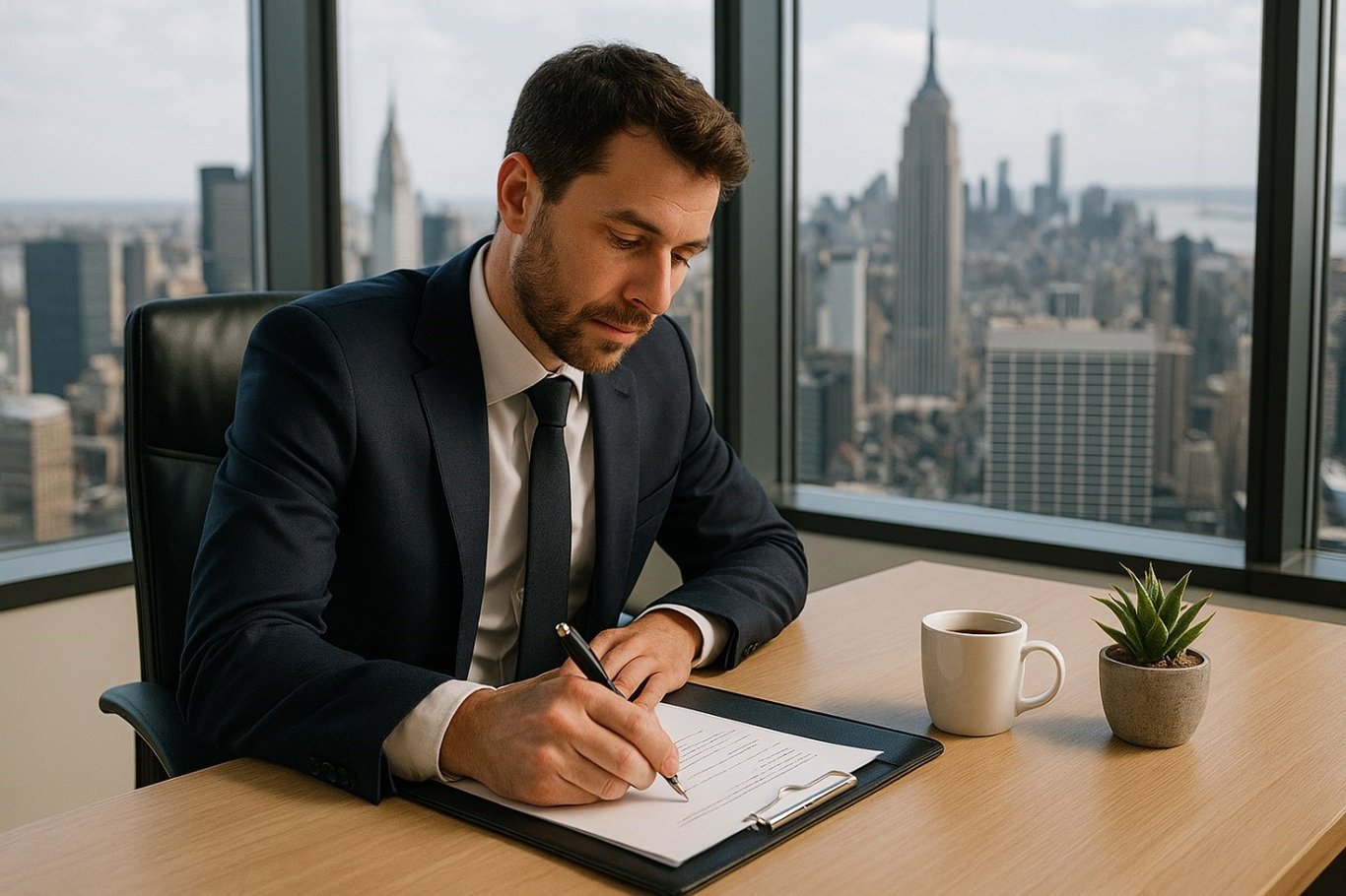 TechDogs-"Test 1: Limitless Photorealism"-"An Image Of A Businessman In An Office In New York Not Writing With His Left Hand, Generated By ChatGPT"