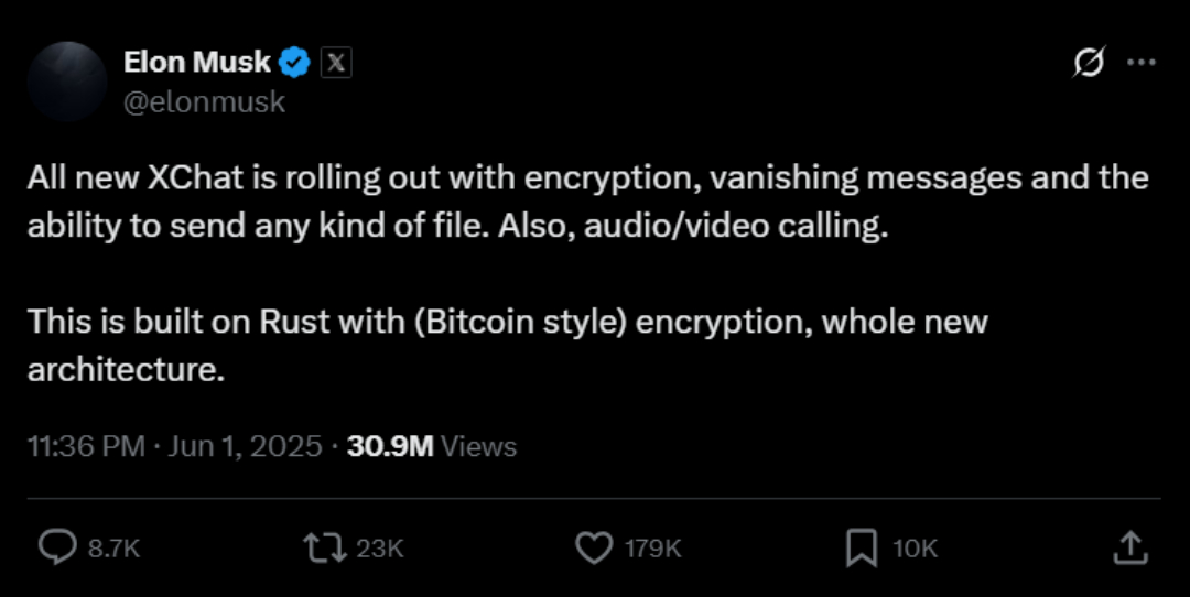 TechDogs-"An Image Showing Elon Musk's Tweet On XChat"