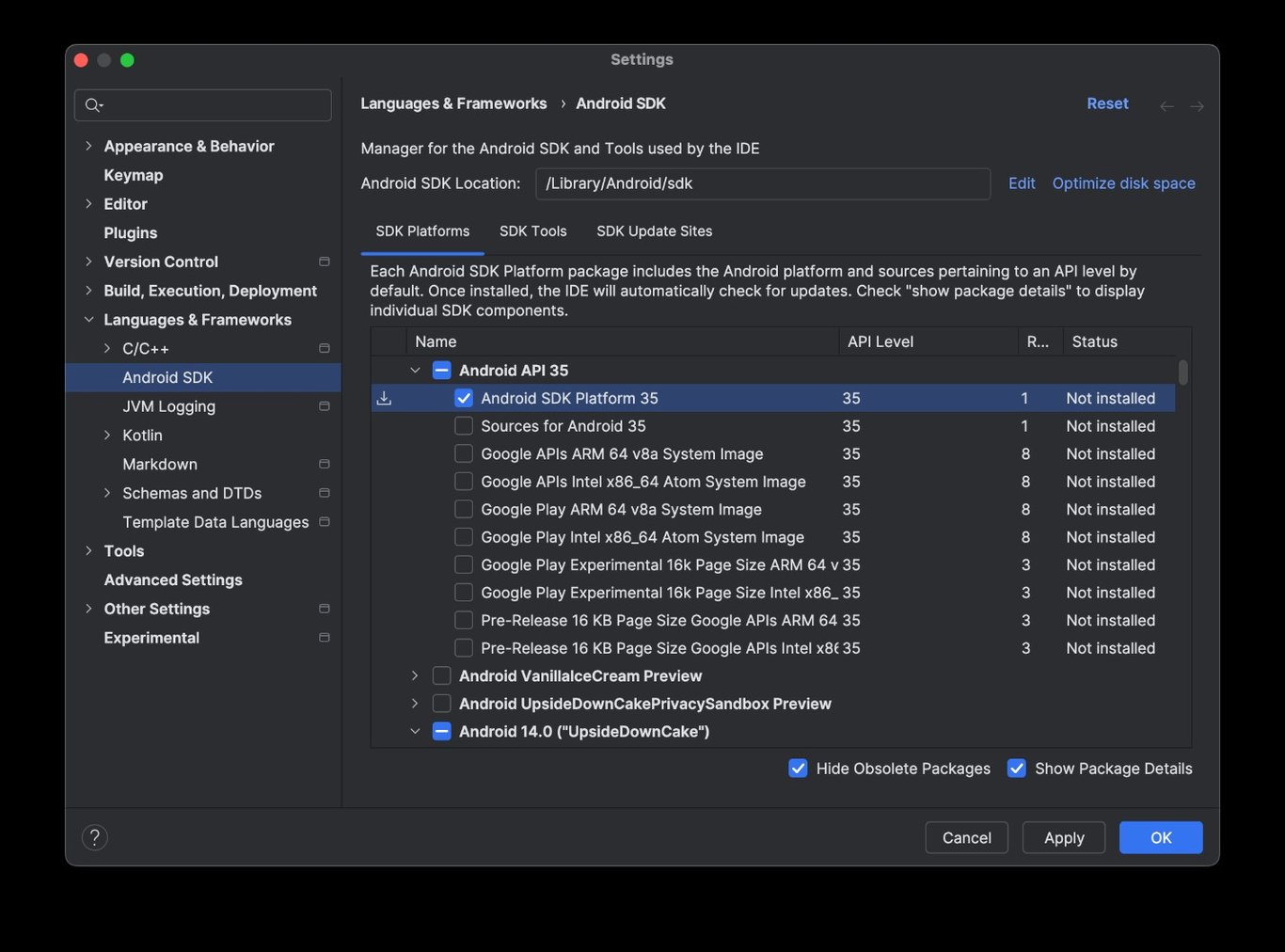 TechDogs-"Feature 8. Developer Tools And API Updates"-"Android SDK Settings Window Showing API 35 Platform And UpsideDownCake Previews"